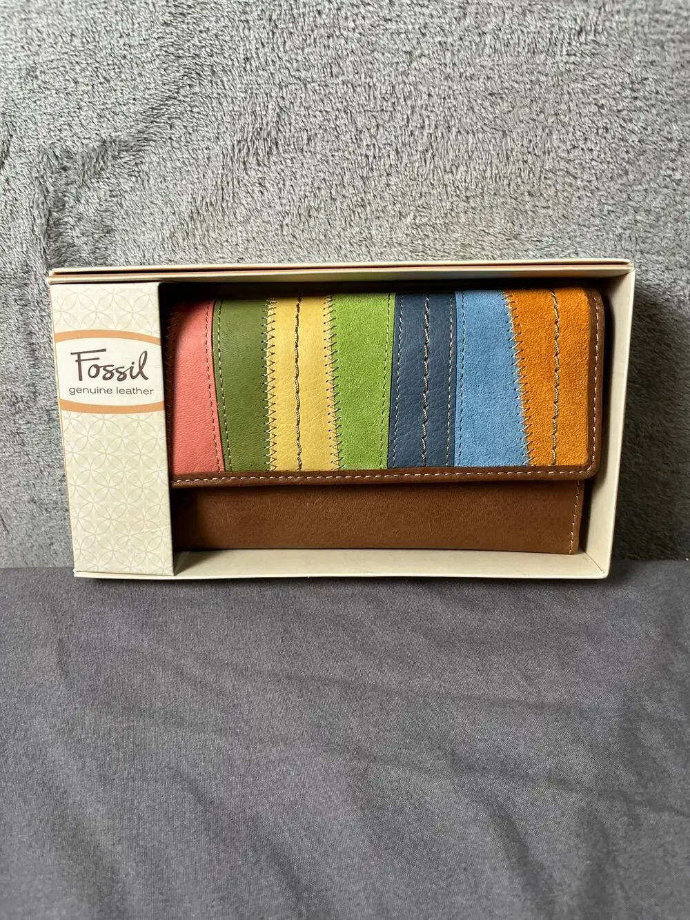 Fossil Leather Colorblock Patchwork Trifold Wallet Rainbow Boho Indie Artisan